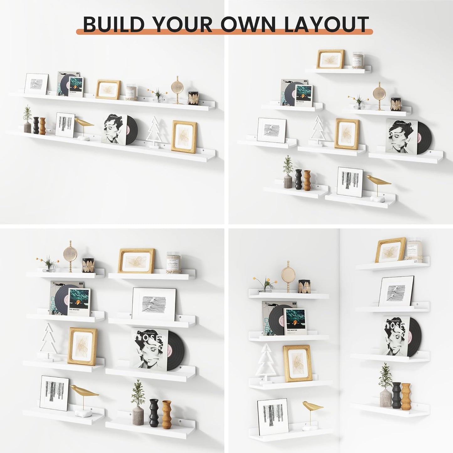 Floating Picture Ledge Shelves for Wall Set of 8, 16 Inch Solid Wood Wall Shelves with Lip Long Large Nursery Book Shelf for Toys Storage Kids Bookshelf Wall Mounted Living Room Bedroom Decor Frames