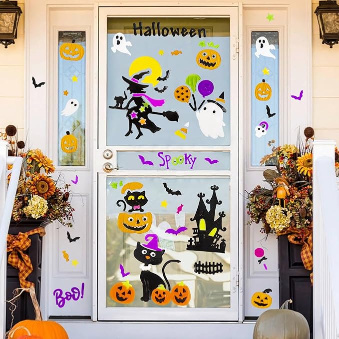 Halloween Window Clings Gel, Witch, Witch Hat, Black Cat, Castle, Home Party Supplies Window Glass Decorations