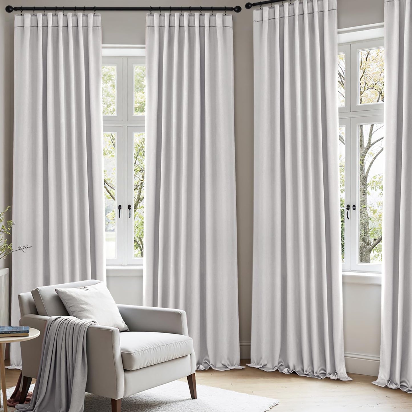 ANRODUO Back Tab Blackout Curtains for Bedroom Living Room, Rod Pocket Pinch Pleated Thermal Insulated Room Darkening Curtains 84 Inches Long 2 Panels, Greyish White, 42 x 84 Inch