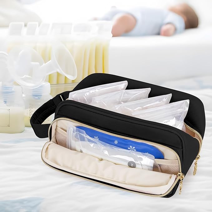Damero Breastmilk Cooler Bag with 4 Ice Packs, Breast Milk Cooler Travel Bag Fit for Milk Bags or Bottles, with Buckle Handle for Breastfeeding Moms Travel/Daycare, Black