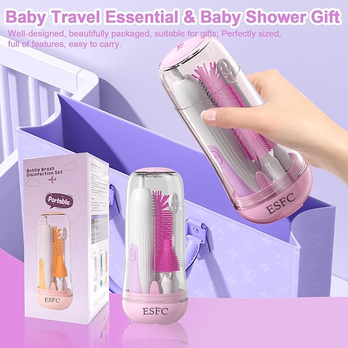 Portable Electric Baby Bottle Brush Set With Nipple/Straw Brush, Milk Frother and Drying Base, Waterproof IPX7, Rechargeable Travel Cleaning Kit, Purple
