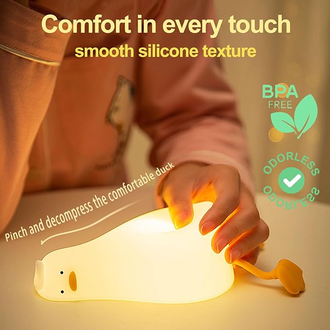 Kibbidea Cute Duck Night Light, Lazy Duck Squishy Lamp Touch Control, Non-Toxic Silicone, Funny Bedside Animal Nightlight with Timer & Rechargeable for Kids Room Desk Decor, Gifts for Girl,Boy,Women