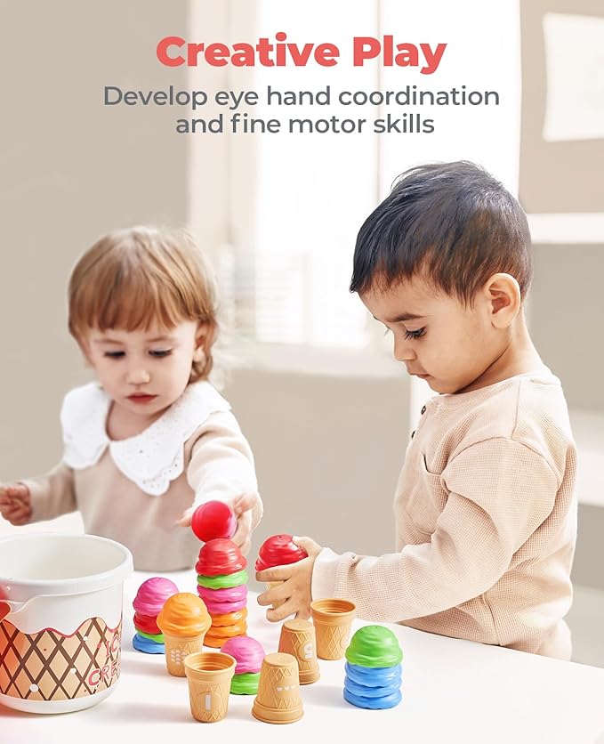 JoyCat Ice Cream Preschool Learning Activities Counting and Color Sorting Set Stacking Toys for Kids 1-5, Educational Fine Motor Skills Toys, 30PCS Math Manipulatives Learning Food Toys