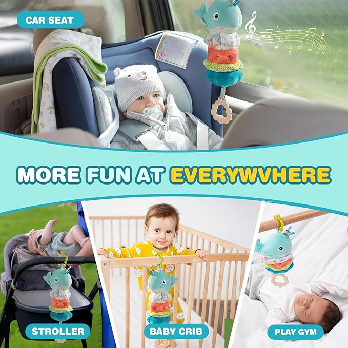 Jollybaby Baby Musical Pull String Hanging Toy for Stroller Car Seat Crib Play Gym, Plush Stuffed Whale Toy for Carseat with Music Teether Crinkle Paper, Sensory Toy for 0-6-12-18 Months Baby Gift