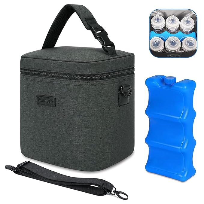 Mancro Breastmilk Cooler Bag with Ice Pack, Insulated Bottle Bag for 6 Baby Bottles (Up to 9 Ounce) with Shoulder Strap for Nursing Moms on The Go or Daycare, Dark Grey
