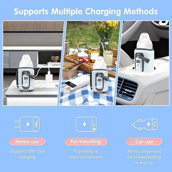 Portable Bottle Warmer, Baby Milk Warmer for All Bottles, Rapid Heating Accurate Temperature Control with LED Display, USB Warmer Bottle Suitable for Home and Outing (Blue)