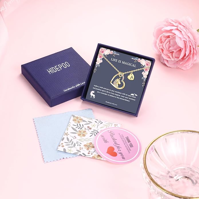 Hidepoo Unicorn Necklace Gifts for Girls - Colorful CZ Heart Pendant Initial Unicorns Necklaces for Teens Little Girls Jewelry Birthday Gift for Girl Daughter Granddaughter Niece