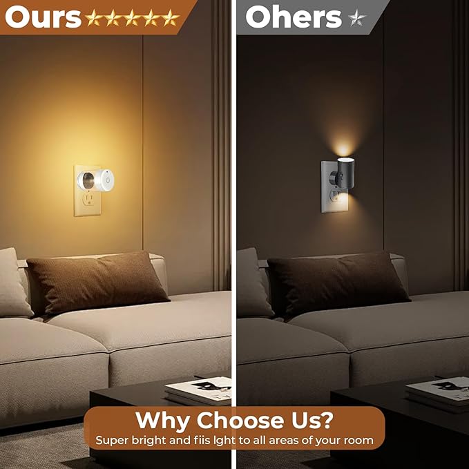 LED Night Lights,Dimmable Night Lights Plug into Wall with Dusk to Dawn Sensor,Touch Control 3-Color Temperature (3000K/4000K/5000K),Adjustable Brightness 100%-10%, for Bathroom,Nursery,Hallway,2 Pack