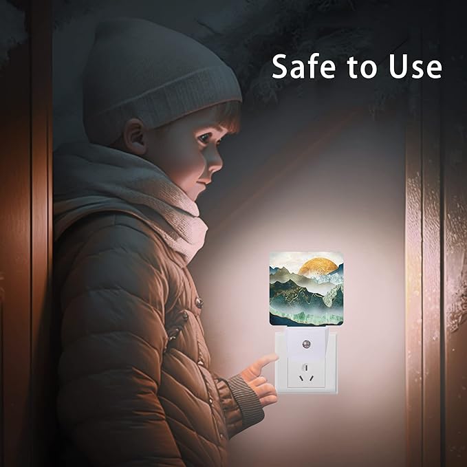 Mountain Night Light,Green Mountains Golden Sunset Plug in Night Lights Auto LED Lamp Energy Saving Square Lights for Boys Girls Men Women