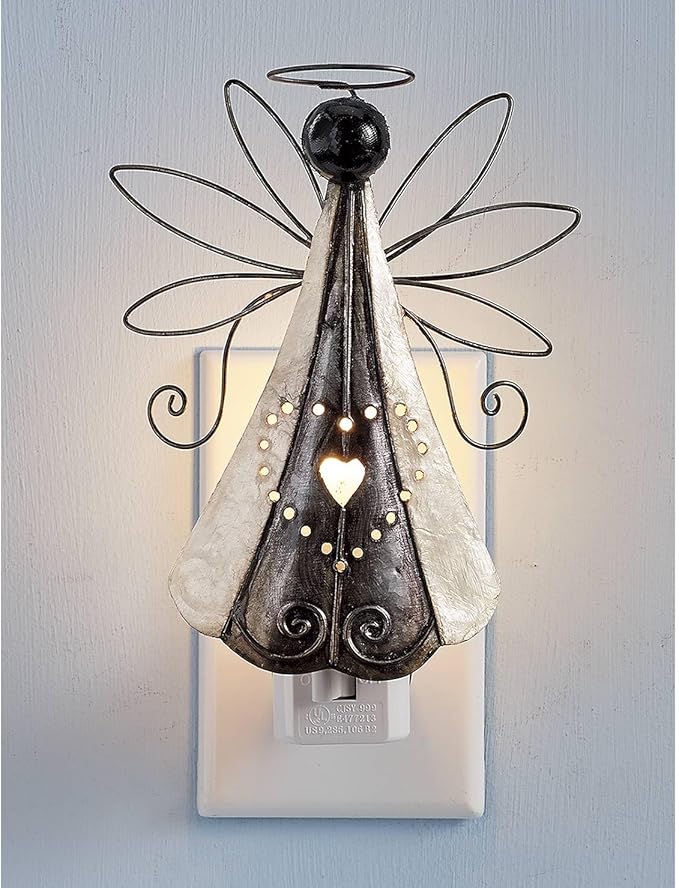 SAGEFINDS Angel Nightlight | Decorative Capiz Shell and Metal Art Design | Bedroom, Bathroom, Stairs, Nursery | Home Décor Accent | Rotating Plug | On/Off Switch | Bulb Included | 6” High