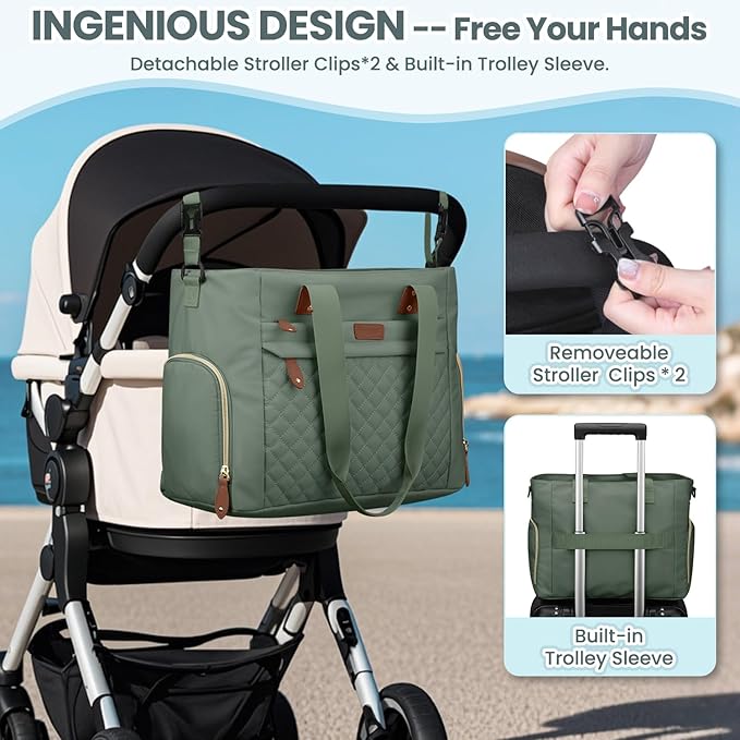 Diaper Bag Tote for Working Mom, Large Travel Diaper Tote for Mom and Dad with 14 Inch Laptop Sleeve, Mommy Maternity Travel Baby Bag for Boys and Girls, Green