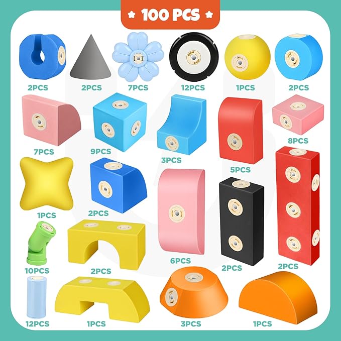 Joyfresh Foam Magnetic Blocks for Toddlers, 100pcs,Big Building Block for Kids 2 3 4 5 Years Old, Soft EVA Blocks Toys Gifts for Boys Girls