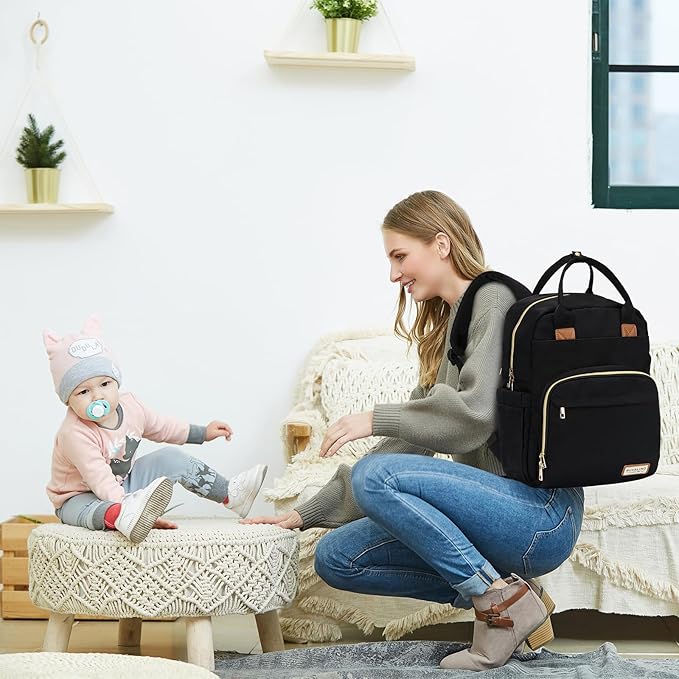 RUVALINO Diaper Bag Backpack, Multifunction Travel Pack Maternity Baby Changing Bags, Large Capacity, Waterproof, Deep Black, Polyester