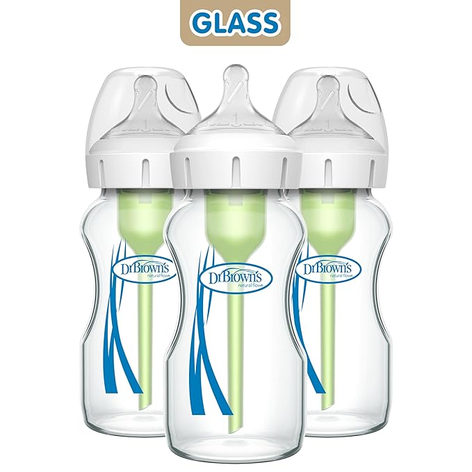 Dr. Brown's Natural Flow Anti-Colic Options+ Wide-Neck Glass Baby Bottles 9 oz/270 mL, with Level 1 Slow Flow Nipple, 3 Pack, 0m+