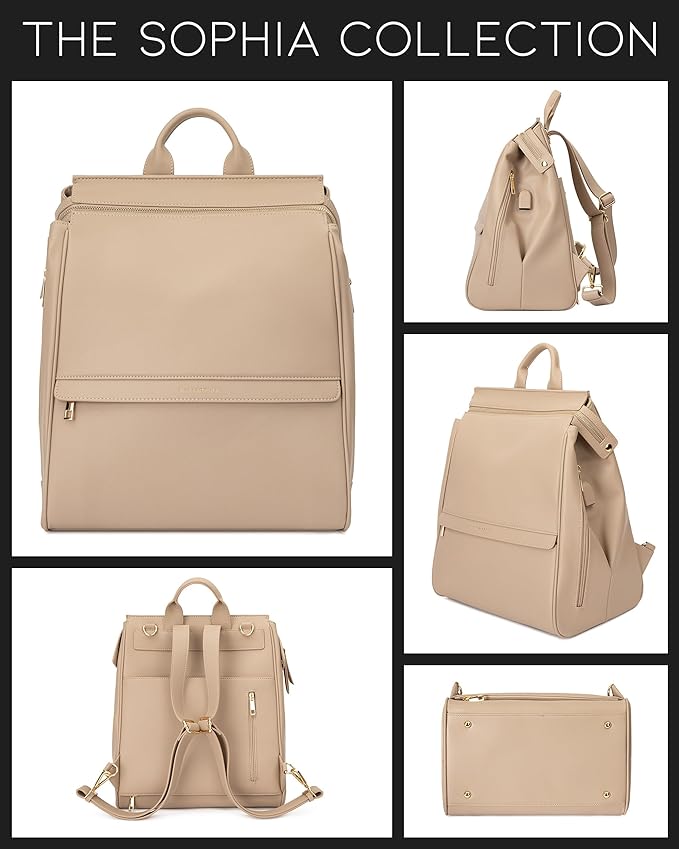 MIA + SOPHIA Leather Diaper Bag Backpack with USB Charging port, Changing Pad, Stroller Straps, and Bottle Holder(Beige Sophia)