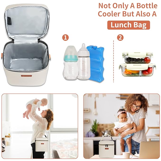 Mancro Breastmilk Cooler Bag with Ice Pack, Fits 6 Insulated Baby Bottles Up to 9 Ounce, Breast Milk Cooler for Nursing Mom (Cream)