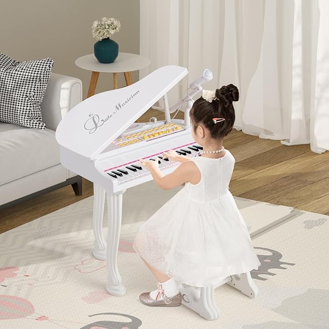 HONEY JOY Classical Kids Piano, 37-Key Toy Mini Grand Piano with Music Stand & Stool, Portable Electronic Educational Musical Instrument Toy w/ Microphone, Lights, Gift for Kids (White, 37 Keys)