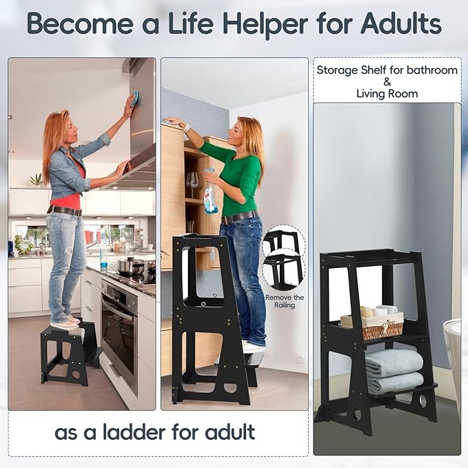 4 in 1 Kitchen Step Stool Helper for Toddlers, Toddler Learning Standing Tower with Whiteboard 2 in 1 Convertible Table and Chair, Widened Platforms for Little Ones Kitchen Counter Bathroom Sink