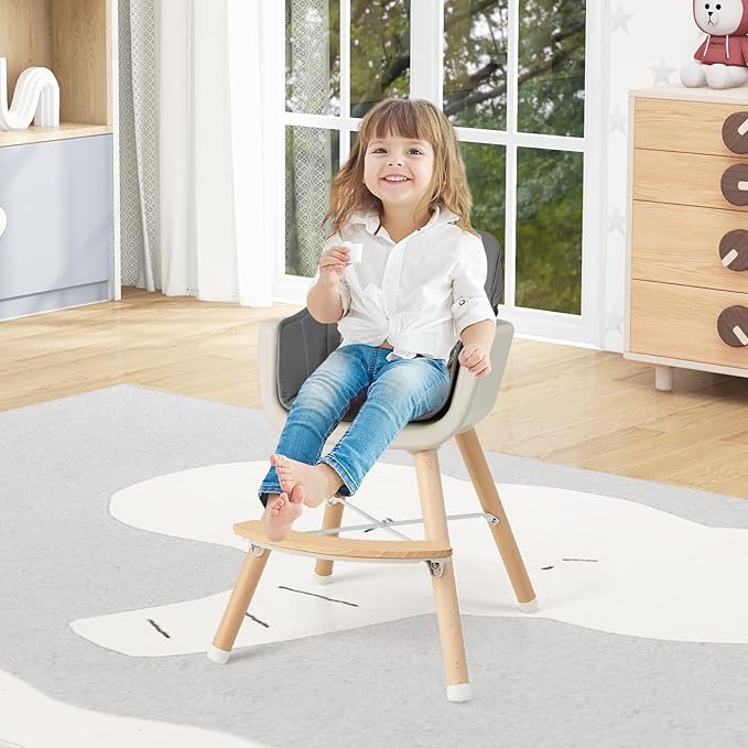 BABY JOY Baby High Chair, 3-in-1 Convertible Wooden Highchair for Babies & Toddlers, Infant Feeding Chair w/ 5-Point Safety Harness, Footrest, Adjustable Legs, Removable Tray & PU Cushion (Dark Gray)