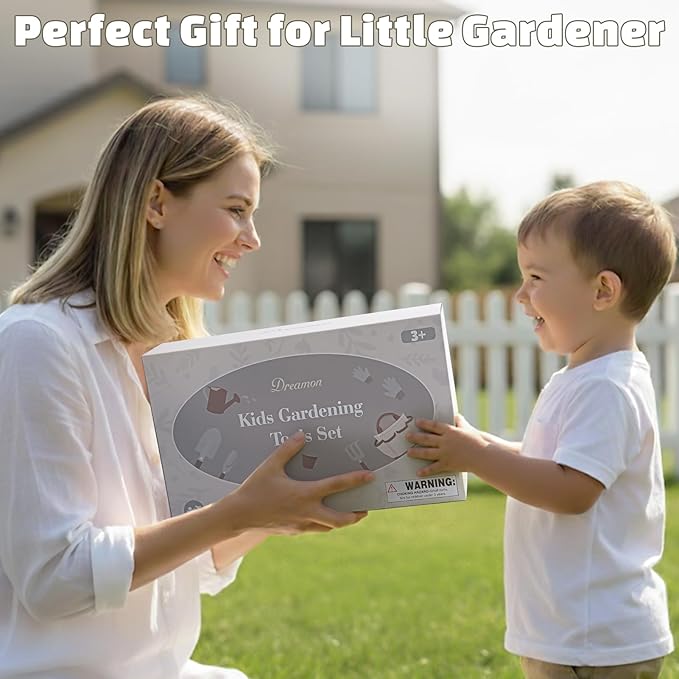 Dreamon Gardening Set Toys for Kids, Quality Garden Tool Kit Includes Tote Bag, Gloves, Shovel, Rake, Cultivator, Watering Can, STEM Learning Outdoor Gifts for Kids Toddlers