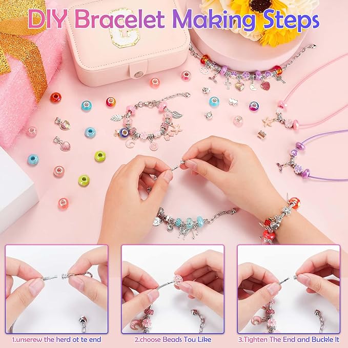140 PCS Charm Bracelet Making Kit Cute Charm Beads for Jewelry Making DIY Bracelet Craft Kit for Valentine Christmas Birthday Gifts with Portable Bracelet Box