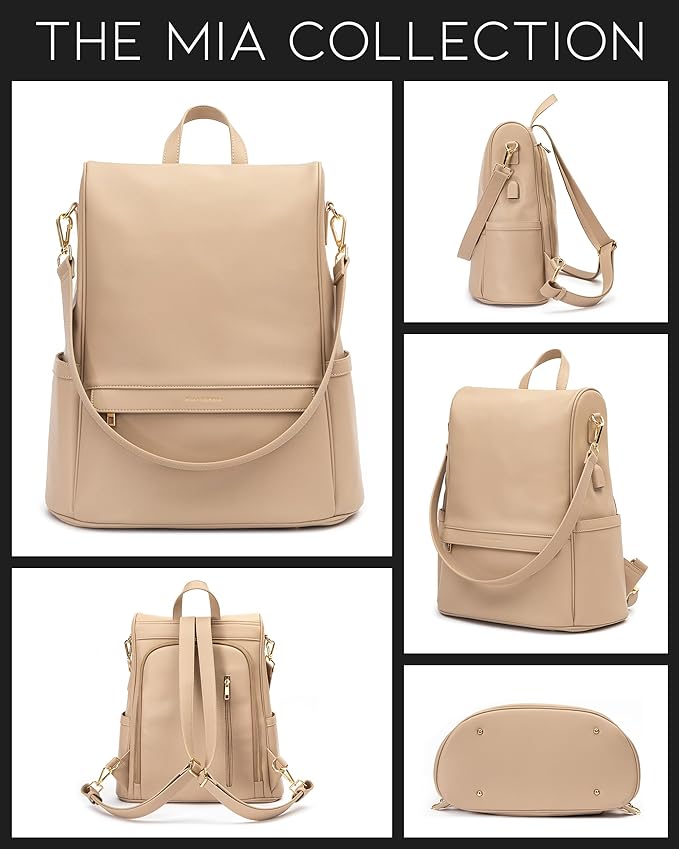 MIA + SOPHIA Leather Diaper Bag Backpack with USB Charging port, Changing Pad, Stroller Straps, and Bottle Holder (Beige Mia)