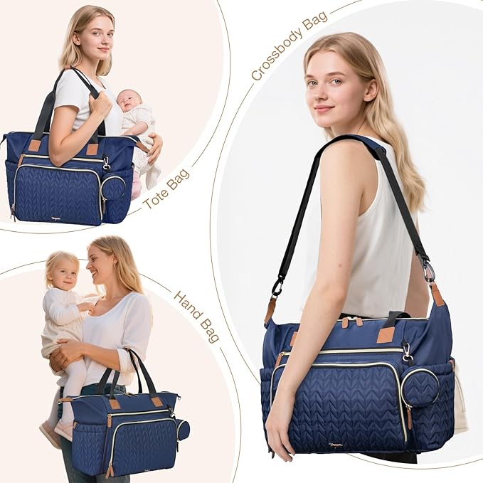 Diaper Bag Tote, Large Baby Diaper Bags Waterproof, Hospital Bag for Labor Delivery with Pacifier Case, Changing Pad, Shoulder Strap, Dark Blue