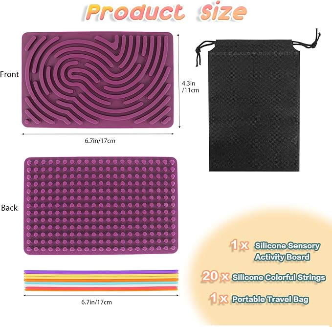 Sensory Activity Board, Silicone Fidget Toy for Stress Relief, Calming, Focus, ADHD and Autism, 6 Colors Sensory Toys Game Controller for Kids 2+ & Adults with 20 Strings (Purple)