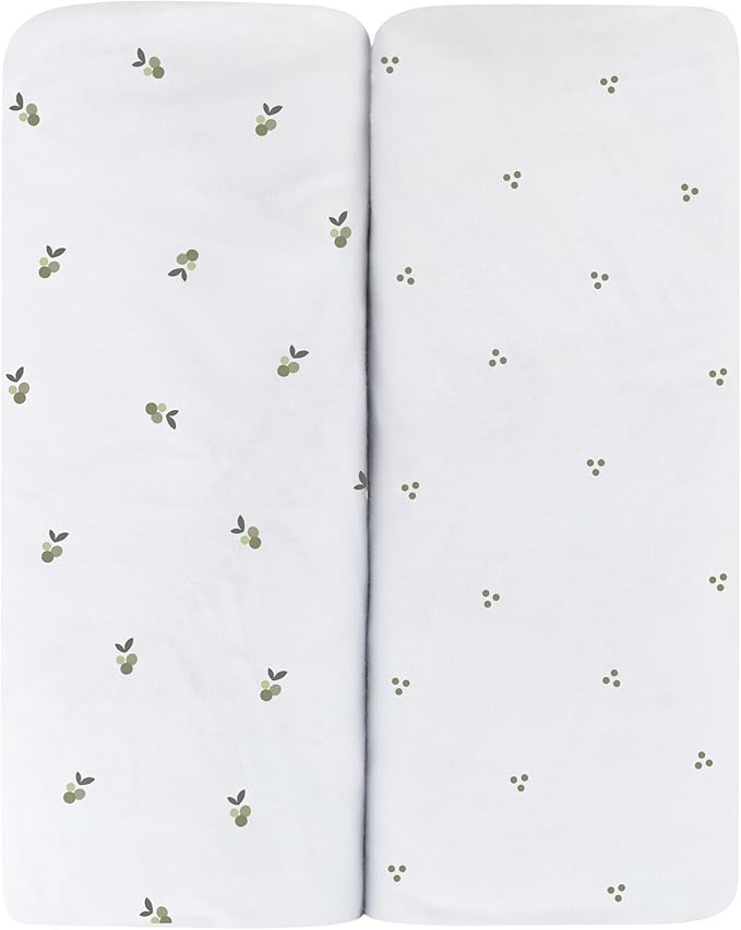 Ely's & Co. Patent Pending Waterproof Crib Sheets, 100% Cotton with Waterproof Lining - Built in Crib Mattress Protector, 2 Pack Fitted Toddler Sheet Set, Berry and Cluster Dot (Sage) 28” x 52”