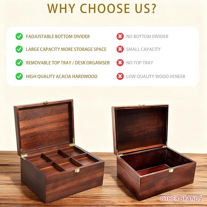 Large Wooden Storage Box with Adjustable Tray, 12.5 IN Acacia Wood Keepsake Box with Lid for Storage Trinkets, Jewelry, Card, Photo, Wooden Decortive Case for Home 12.5x9.4x6.1 IN -WB006-X Large