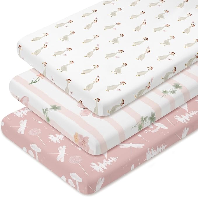 Nap Mat Sheet 47"x24", 3 Pack Pink Floral Baby Crib Sheets Fitted Elastic Corners, Preschool Day Care Rest Mat Cover, Soft Breathable - Compatible with Regalo My Cot, Joovy Travel Cot