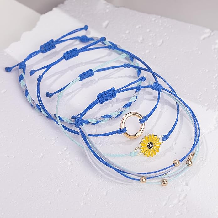 FANCY SHINY Sunflower String Bracelet Boho Braided Rope Wrap Bracelets Cute Summer Beach Surfer Jewelry for Women Christmas Gifts