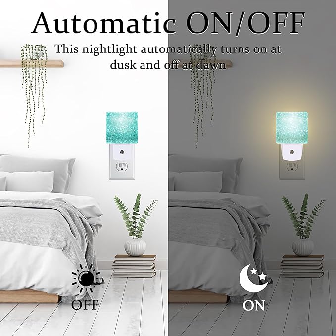 Teal Turquoise Glitter Night Light Plug into Wall, Green Sparkle Bling Dusk to Dawn Night Light Plug in,0.5w Energy Saving Sleep Friendly NightLight for Kids Boys Girls Home Decor