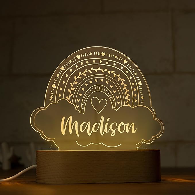 Night Light for Kids Room Personalized, Nursery Room Decor, Custom W/Name, Bedside Lamp, Birthday Gifts for Boys and Girls, Rainbow