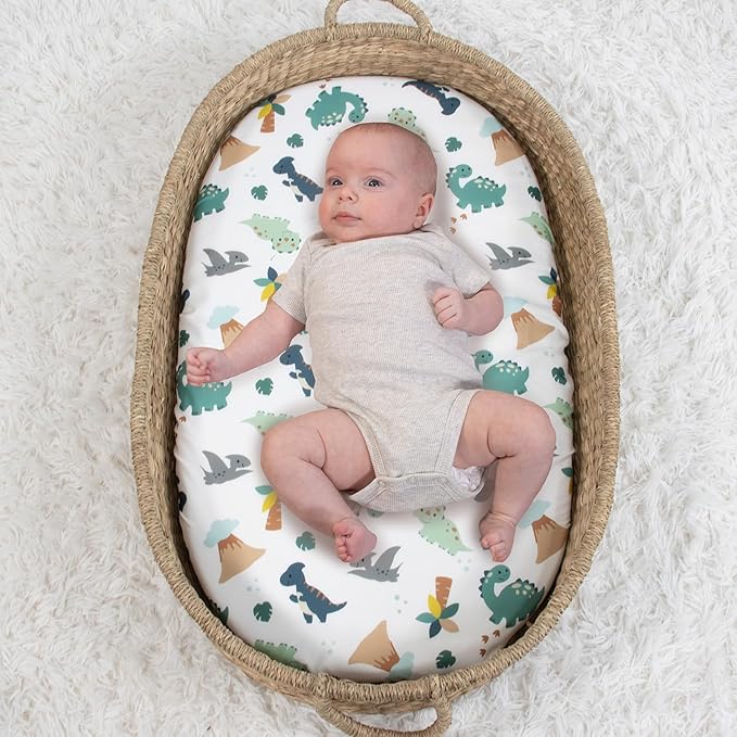 The Peanutshell Baby Bassinet Sheets 4-Pack for Boy - Soft, Oval & Fitted Baby Boys Sheet, Rectangle, Fitted Covers for Crib, Halo Bassinet Mattress - Green Dino