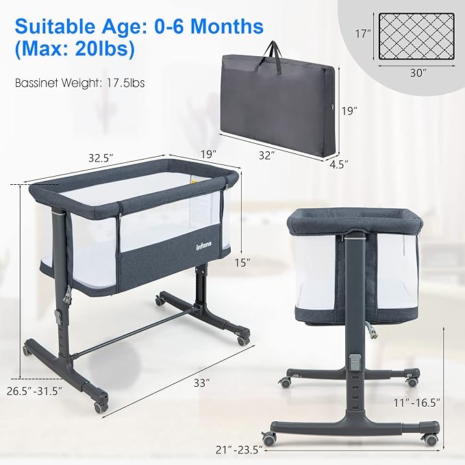 INFANS 3 in 1 Baby Bassinet, Bedside Sleeper for Newborn, Folding Crib with Mattress, Travel Bag, Wheels, 4-Sided Mesh, Easy to Assemble Cradle Co Sleeper Stationary, Rock (Dark Grey)