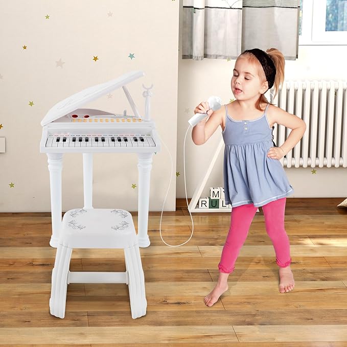 HONEY JOY Classical Kids Piano, 31-Key Toy Mini Grand Piano with Music Stand & Stool, Portable Electronic Educational Musical Instrument Toy w/ Microphone, Lights, Gift for Kids (White, 31 Keys)