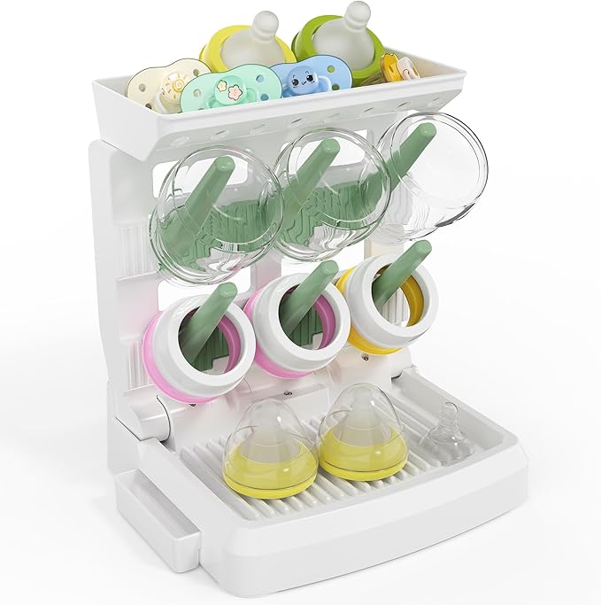 Baby Bottle Drying Rack for 6 Bottles, Vertical Cup Drying Holder, Space Saving Countertop Standing Bottle Dryer Rack for Baby Accessories & Pump Parts(Small White&Green)