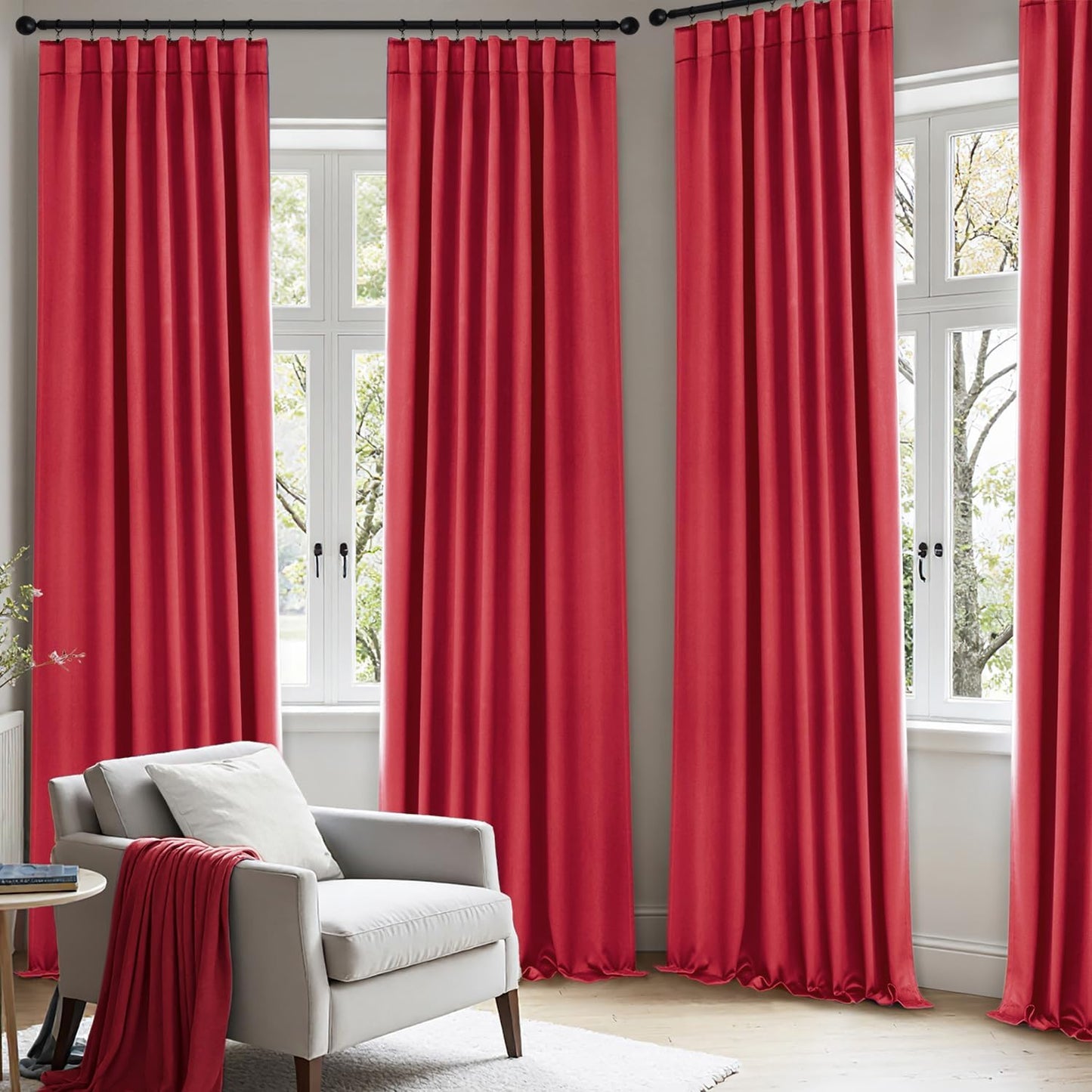 ANRODUO Back Tab Blackout Curtains for Bedroom Living Room, Rod Pocket Pinch Pleated Thermal Insulated Room Darkening Curtains 96 Inches Long 2 Panels, Red, 42 x 96 Inch
