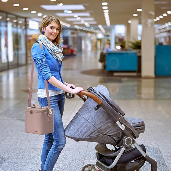 Breast Milk Cooler Bag with Ice Pack Fits 6 Baby Bottles Up to 9 Ounce, Baby Bottle Bag with Shoulder Strap for Nursing Mom Daycare, Pink