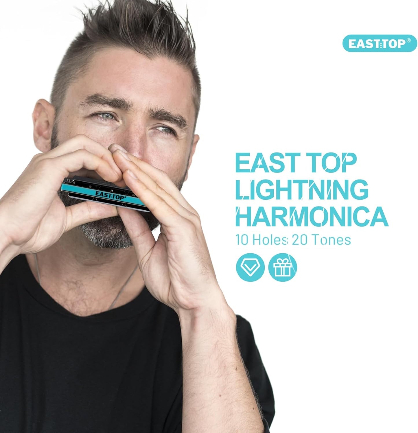 East top Harmonica, Advanced Diatonic Harmonica Key of Bb, 10 Holes Blues Harp Mouth Organ Harmonica with Silver Cover, Blues Harmonicas For Adults, Professionals and Students