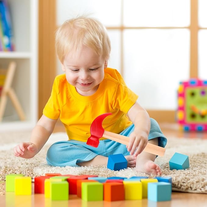 10 Pcs Kids Wooden Hammer Toy with 100 Pcs Colorful Wood Golf Tees, Small Plastic Hammer Simulation Hammers Educational Toys for Children Gift Birthday Party Halloween (Red)