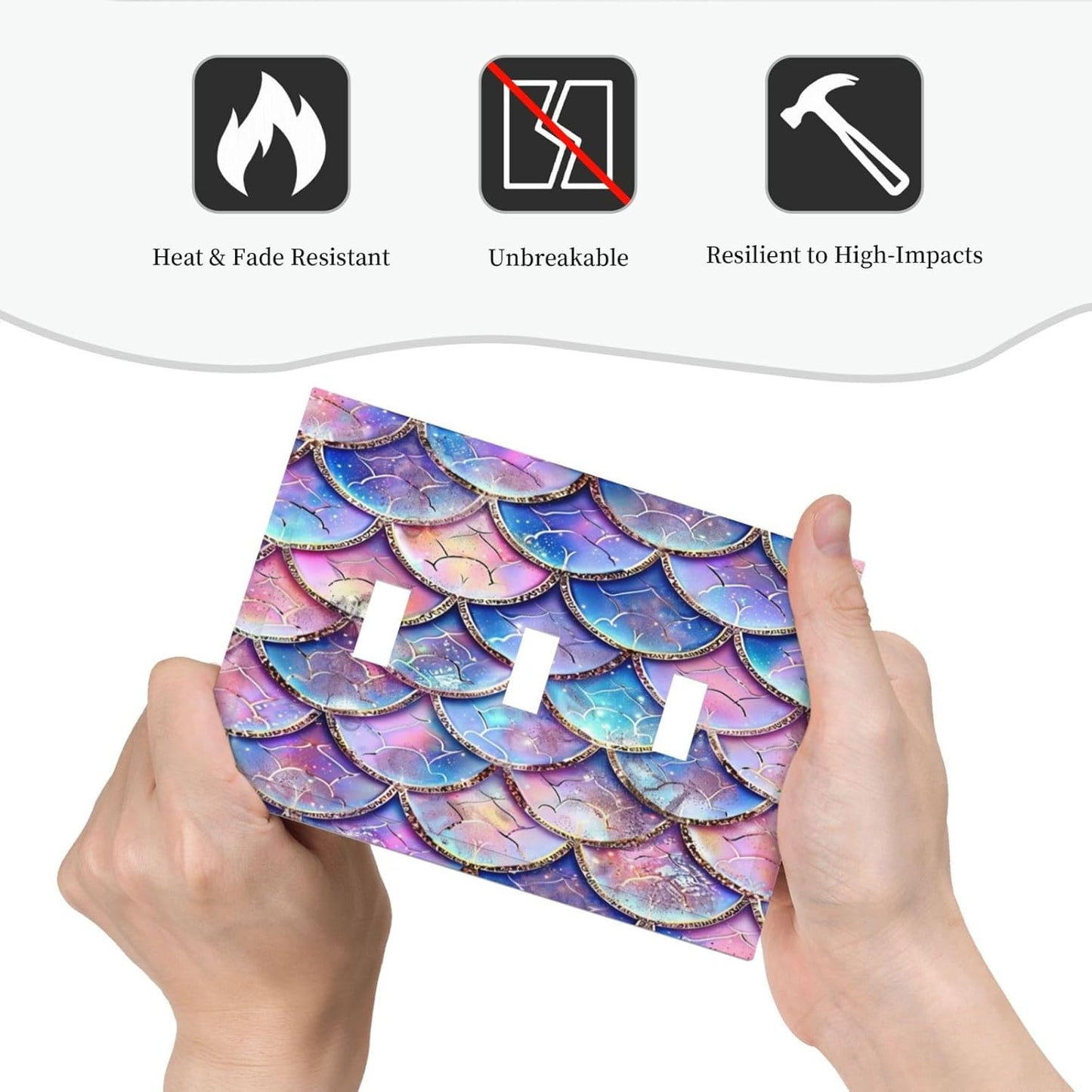 Decorative Switch Covers Plate Cute Pink Purple Mermaid Scales 3 Gang Artistic Wall Plate Unique Triple Toggle Light Switch Plate Jumbo Faceplate for Girlroom Bedroom Home Decor