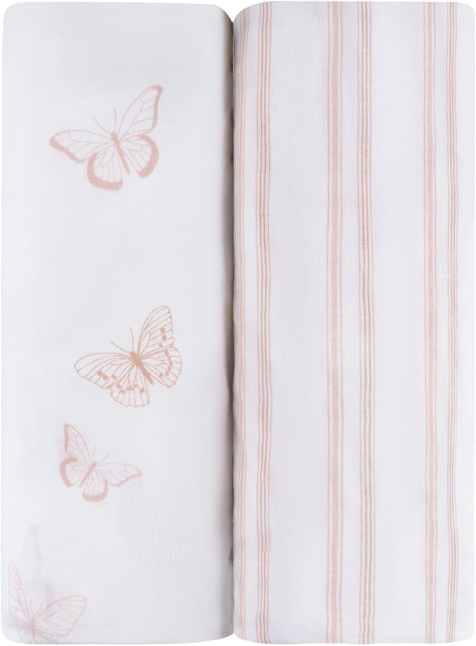 Ely’s & Co. Crib Sheets, Baby Girl Fitted Crib Mattress Sheet Set, 2 Pack, 100% Jersey Knit Cotton, Infant and Toddler Nursery Bedding, Pink Butterfly + Stripes Print, 28” x 52”