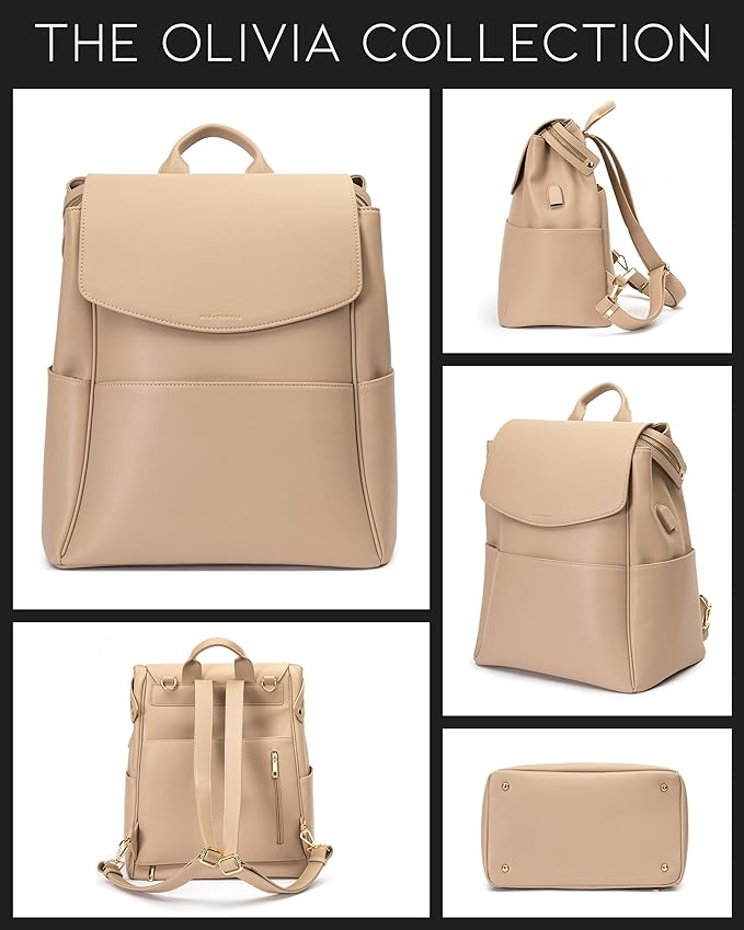 MIA + SOPHIA Leather Diaper Bag Backpack with USB Charging port, Changing Pad, Stroller Straps, and Bottle Holder (Beige Olivia)