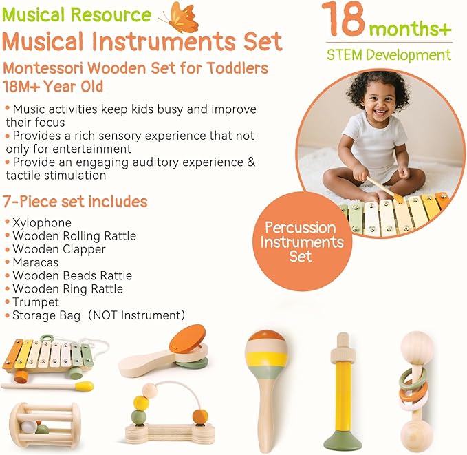 7pcs Musical Instruments Set - 18M+ Montessori Toys 2 3 4 Neutral Colors Wooden Toys for Toddlers 3-5 Percussion Instruments Modern Boho Xylophone Sensory Gifts Boys Girls