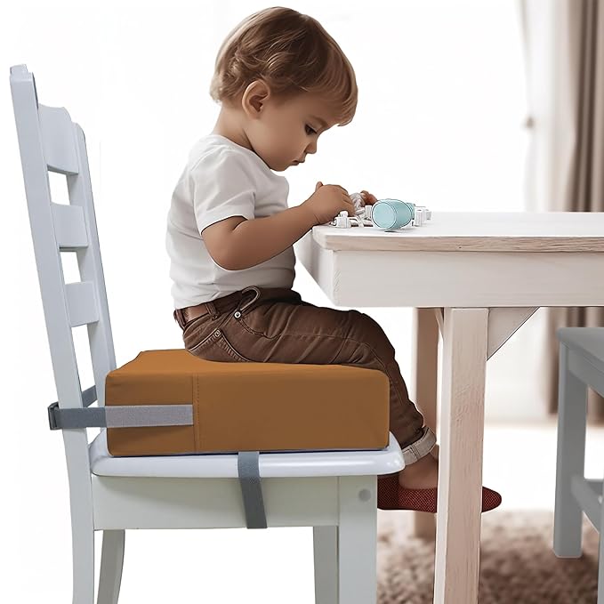 Toddler Booster Seat for Dining Table, 2 Elastic Seat Belts, Anti-Scratch PU Skin-Friendly, Waterproof, Anti-Wrinkle, Detachable Non-Slip Bottom - Brown