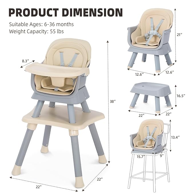 8 in 1 Baby Highchair, Convertible High Chair for Babies and Toddlers, Booster Seat w/5-Point Safety Belt, Toddler Building Block Table, Dishwasher Safe Tray, No Tool Install, Coffee
