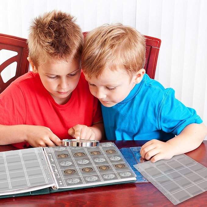 12 Sheets Coin Collection Pages, Coins Pocket Page with 240 Pockets, Coin Binder Inserts Sleeves with Standard 9 Hole for Coin Album. Storage Holder for Currency, Stamp and Other Supplies (20 Pockets)