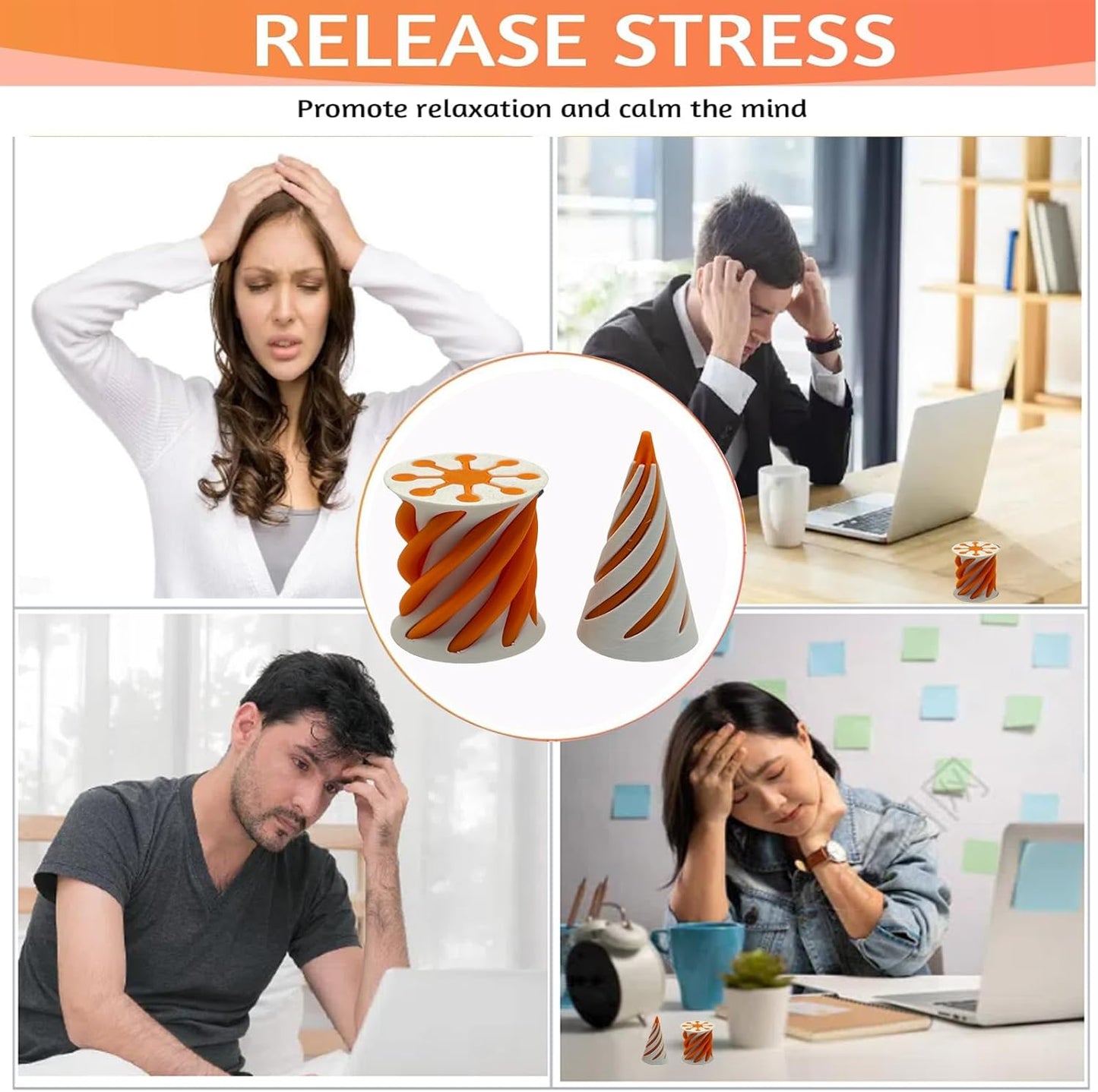 Impossible Pyramid Passthrough Sculpture - 2Pcs 3D Printed Spiral Cone Fidget Toy, Stress and Anxiety Relief Toy, Pass Through Pyramid Fidget Toy for Adult Children (Orange)